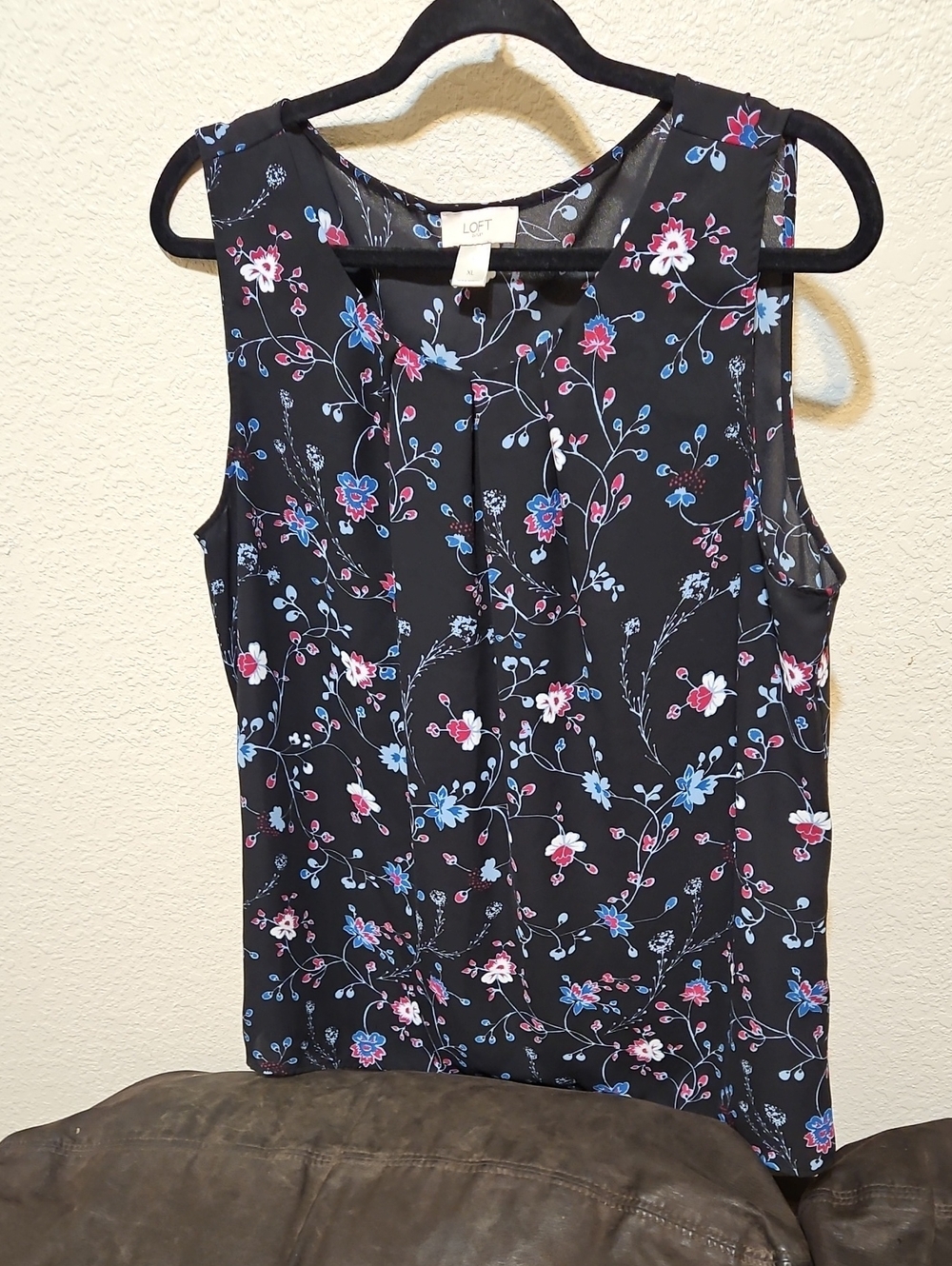 LOFT Black Floral Sleeveless Camisole with Blue & Pink Blooms